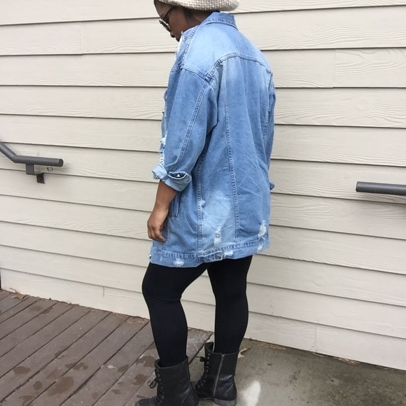 Longline Oversized Distressed Blue Jean Jacket - Picture 4 of 6